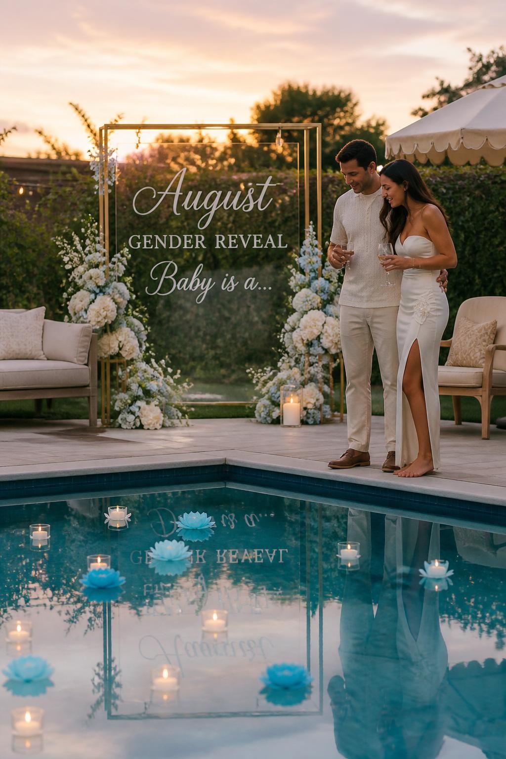 A realistic editorial photo of a stylish August gender reveal by a backyard pool, neutral lounge chairs, floating candles, clear acrylic sign reflected in the water, parents standing at pool edge as hidden lights or floating flowers reveal one color, sunset sky, elegant summer party atmosphere, DSLR lifestyle photography
