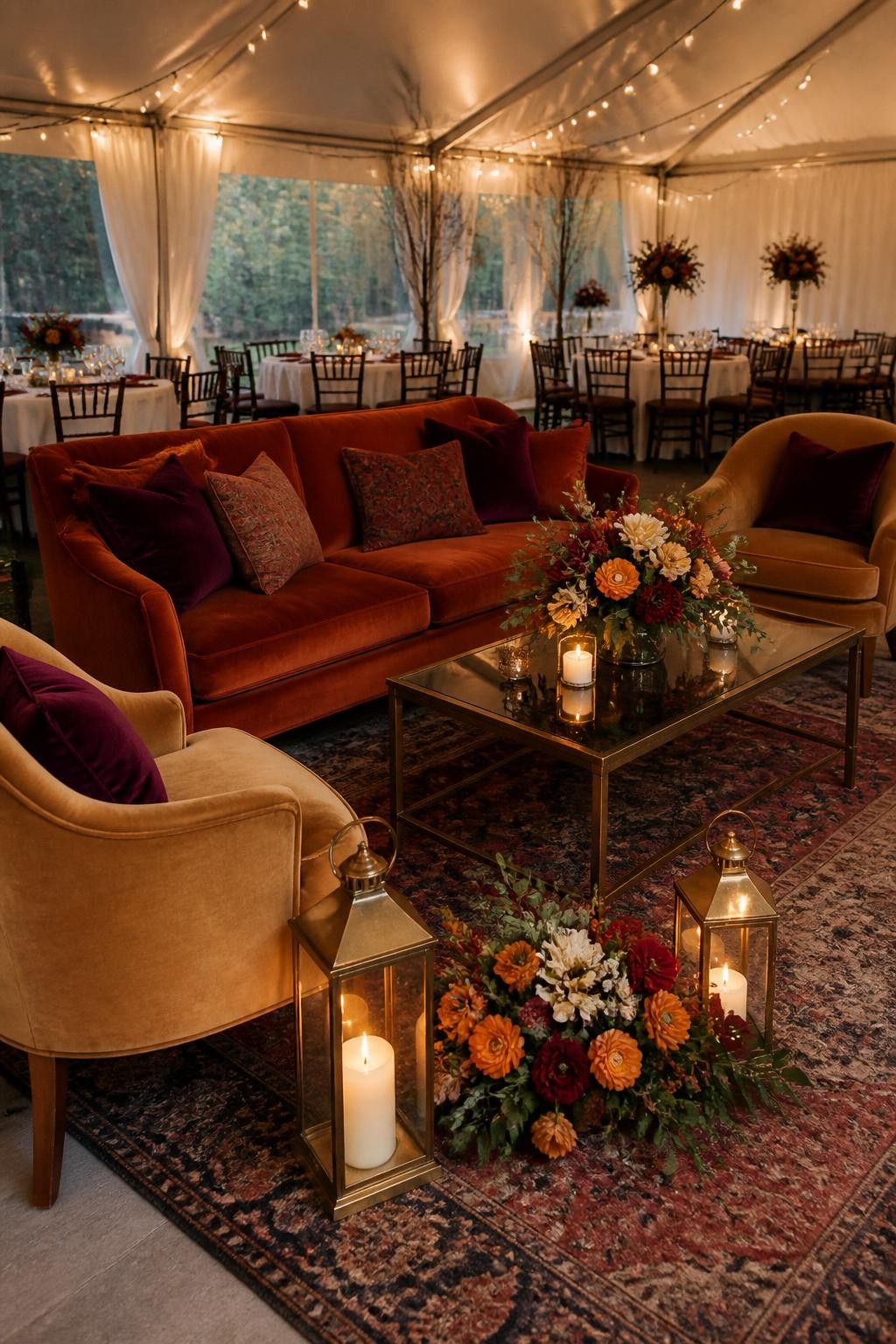 Realistic DSLR photo of a chic fall wedding lounge area with a vivid rust velvet sofa, mustard armchairs, plum pillows, layered rugs, brass lanterns, and bright fall floral arrangements, set inside a tented reception with warm lights, stylish editorial wedding decor.