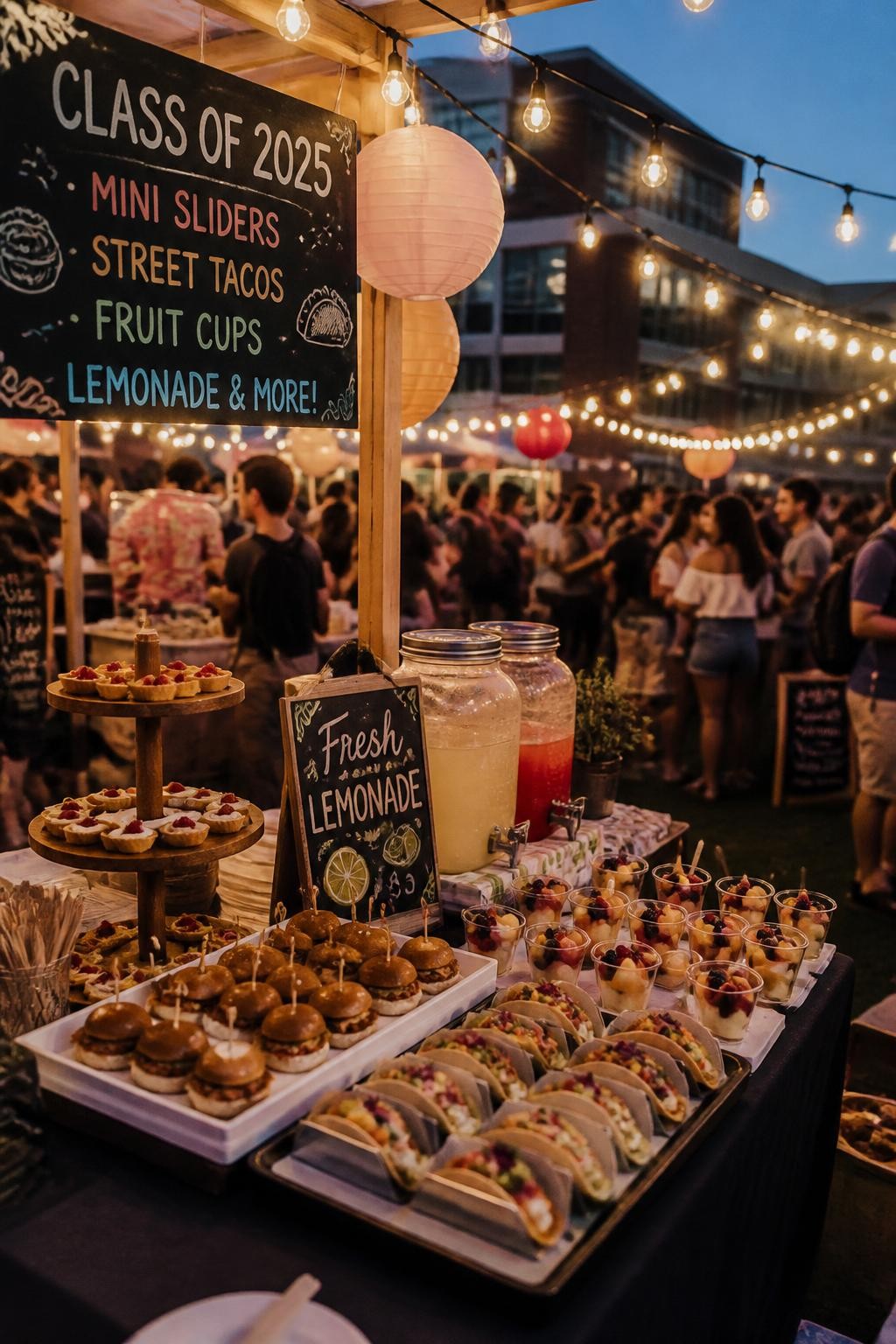 A realistic DSLR photo of an outdoor college graduation night market party with small food stalls under string lights, colorful menu signs, paper lanterns, trays of sliders, tacos, fruit cups, mini pastries, lemonade jars, guests softly out of focus in the far background, warm evening glow, modern multicultural party styling, realistic candid event photography.