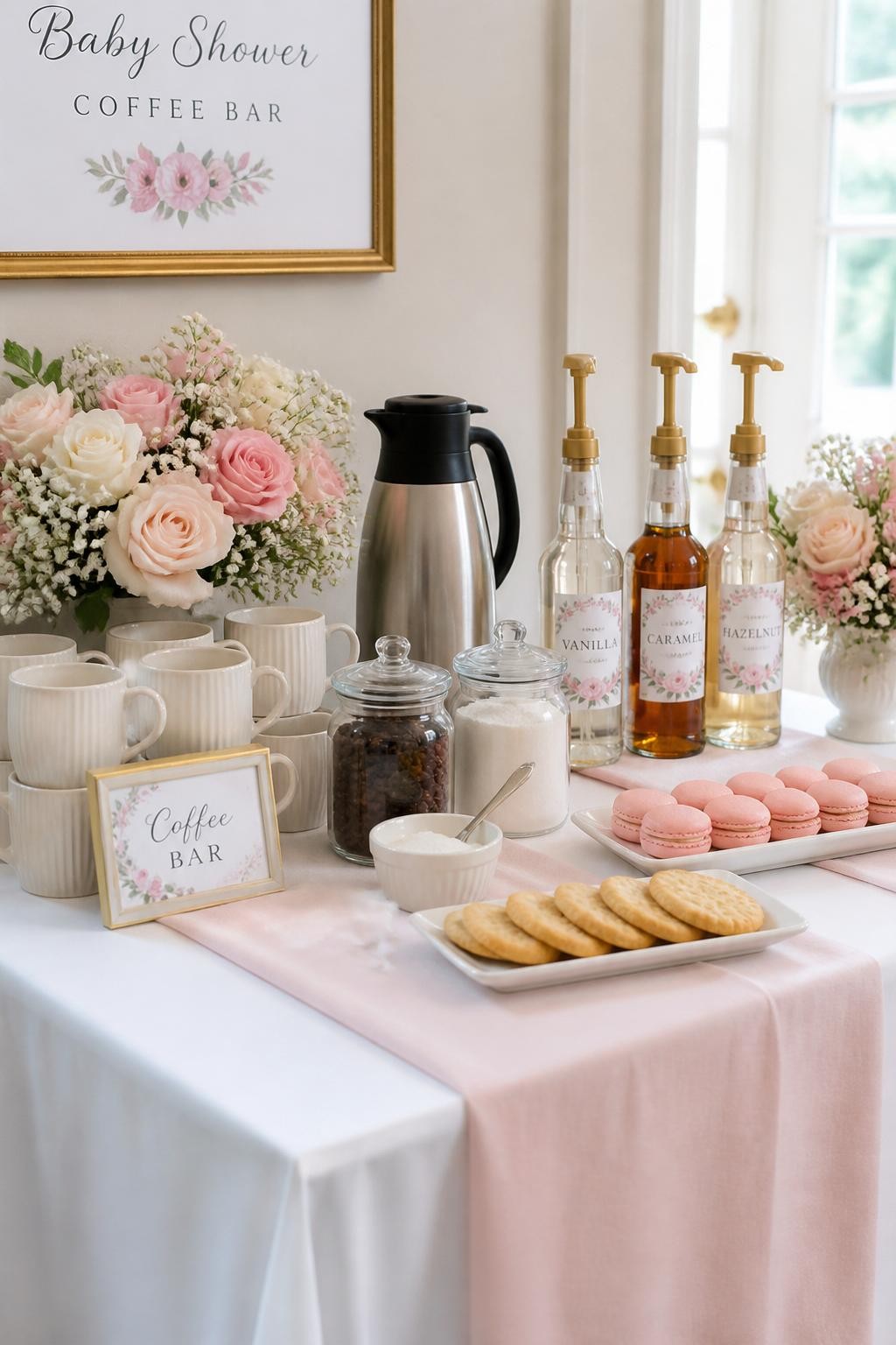 A realistic DSLR photo of a floral baby shower coffee bar, white table with a soft blush runner, coffee carafe, cream mugs, glass jars of coffee beans and sugar, floral syrup labels, small bowls of pink macarons and shortbread cookies, low arrangements of roses, ranunculus, and baby breath, bright airy room, soft window light, elegant spring baby shower styling, no people.