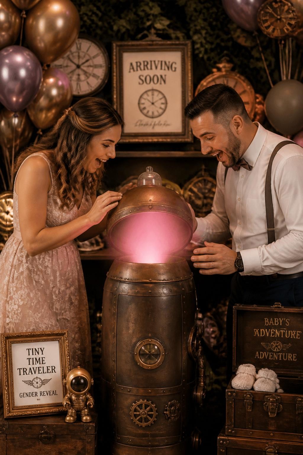 A realistic editorial photo of a creative gender reveal party with a tiny time traveler theme, vintage clocks, soft metallic decor, baby keepsake box, framed “arriving soon” sign, parents opening a futuristic capsule with one reveal color glowing inside, warm moody lighting, stylish family celebration, DSLR photography