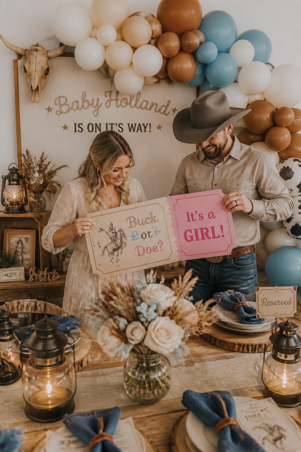A realistic editorial photo of a western gender reveal table styled with vintage rodeo tickets, wood accents, denim napkins, lanterns, cowboy hat, parents tearing open a large custom ticket sleeve to reveal the baby message in one color, stylish party decor, warm soft lighting, DSLR photography