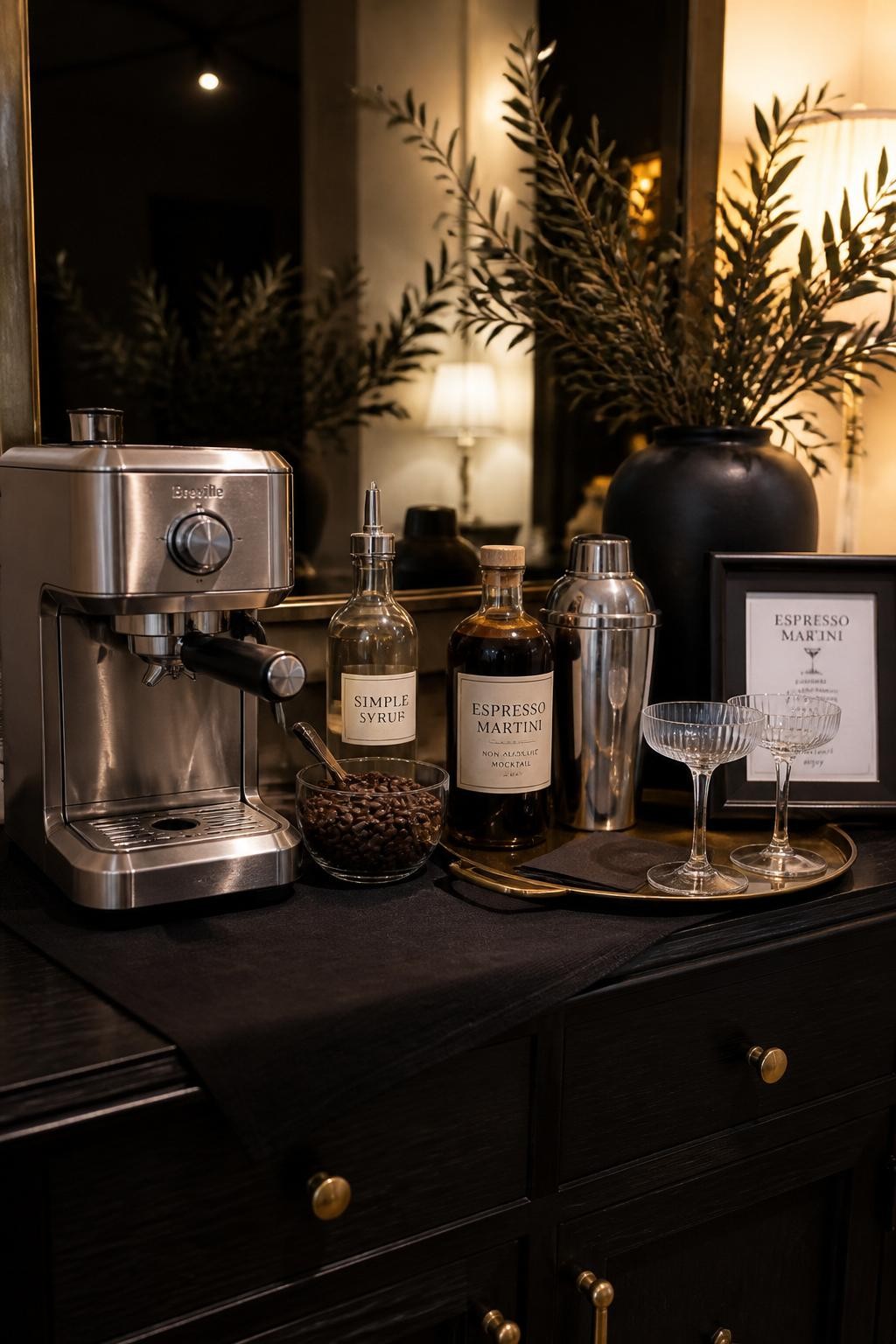 A realistic DSLR photo of an elegant party coffee bar styled for espresso martini service, small espresso machine, chilled coupe glasses, cocktail shaker, coffee beans in a glass bowl, simple syrup bottle, non-alcoholic espresso mocktail bottle option, black linen runner, brass tray, moody evening party lighting, upscale realistic home bar styling, no people.
