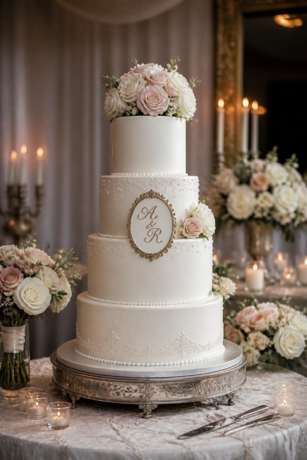 Image Prompt: Ultra-realistic wedding reception scene showing an elegant tiered wedding cake with a refined monogram plaque featuring the couple’s initials, styled in a tasteful and realistic way. Place the cake on a decorated cake table with candles, florals, linen draping, and an upscale wedding backdrop. Keep the cake in sharp focus. No visible faces. If guests appear, show only cropped hands, soft side views, back views, or neck-down figures. Realistic plaque detail, smooth fondant or buttercream, soft romantic wedding lighting, DSLR editorial style. (no watermarks on images)