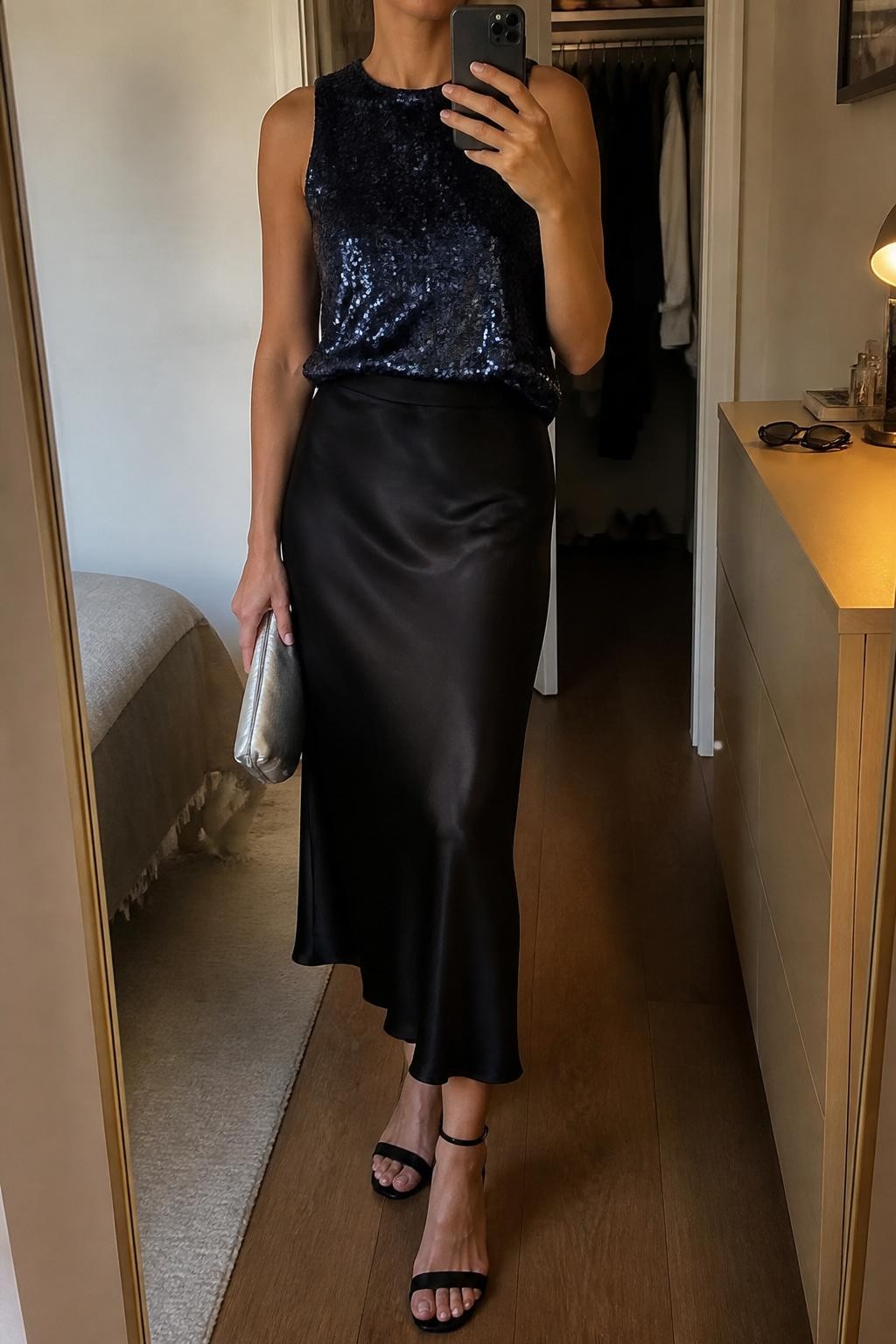 mirror selfie of a woman wearing a navy sequin top tucked into a black satin midi skirt with black heeled sandals and a silver clutch, holding a phone in front of a mirror, cropped at NECK so face doesn't show, with a natural casual selfie pose, in a city apartment, warm moody lighting, including small lived-in details like an open closet behind and sunglasses on a dresser, latest iPhone photo quality.