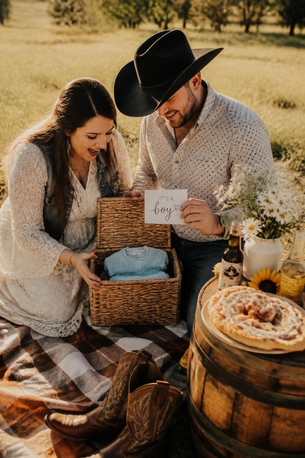 A realistic editorial photo of a western gender reveal picnic setup with a small wooden barrel used as a table, woven picnic basket, boots, plaid blanket, wildflowers, pastries, glass bottles, parents opening the basket to reveal a folded baby item and message card, warm afternoon sunlight, editorial lifestyle photography
