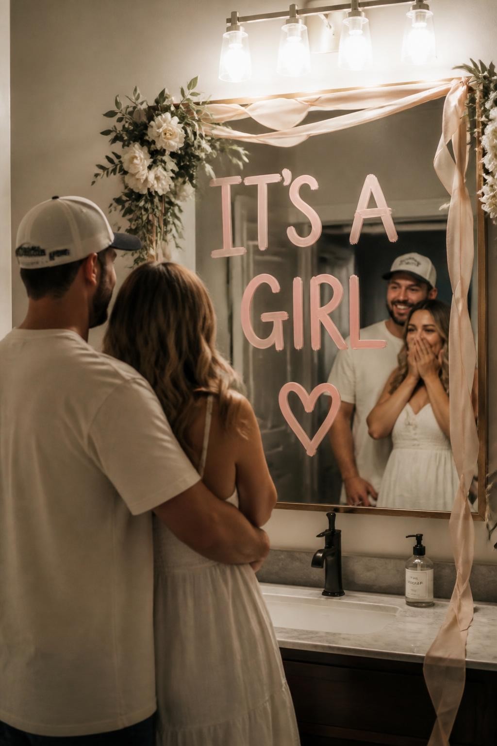A realistic photo of a bathroom or bedroom mirror gender reveal setup at home, large mirror decorated with neutral florals and ribbon, parents standing in front of mirror, hidden message revealed in one soft color on the glass, warm vanity lighting, cozy modern home styling, emotional lifestyle photography, vertical image