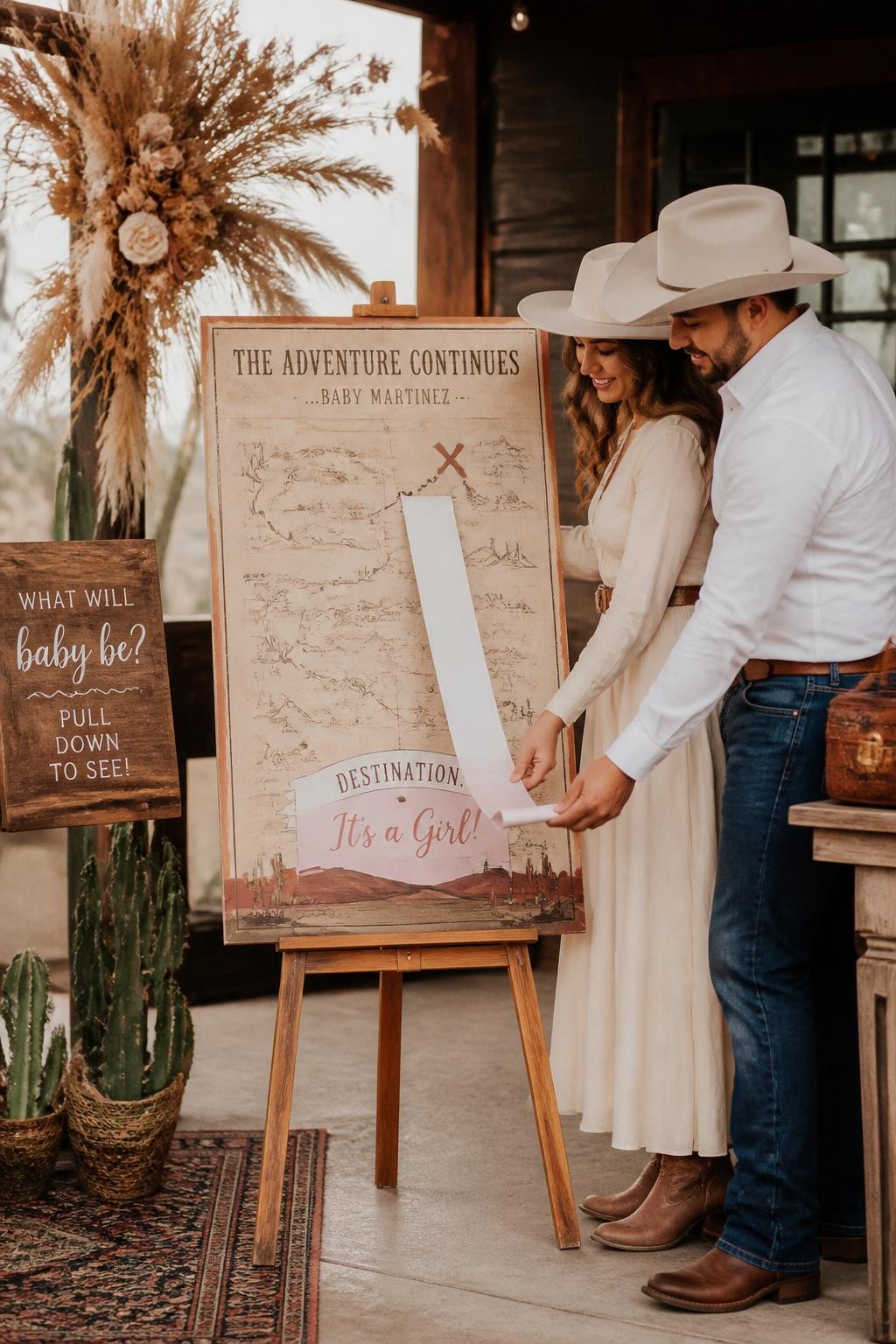 A realistic editorial photo of a creative western gender reveal party with a vintage-style trail map on an easel, wood sign, cactus accents, leather details, dried flowers, parents pulling down a paper strip on the map to reveal the final destination in one reveal color, stylish ranch party setting, DSLR photography