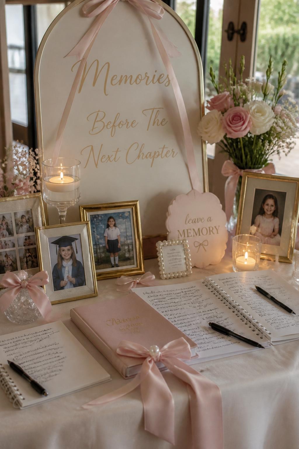 A realistic DSLR photo of a classy coquette-inspired graduation memory table with soft ribbon bows, framed school photos, pearl details, handwritten notes, small floral arrangements, candles, and a “Memories Before The Next Chapter” sign, no people, warm natural light, polished feminine party styling.