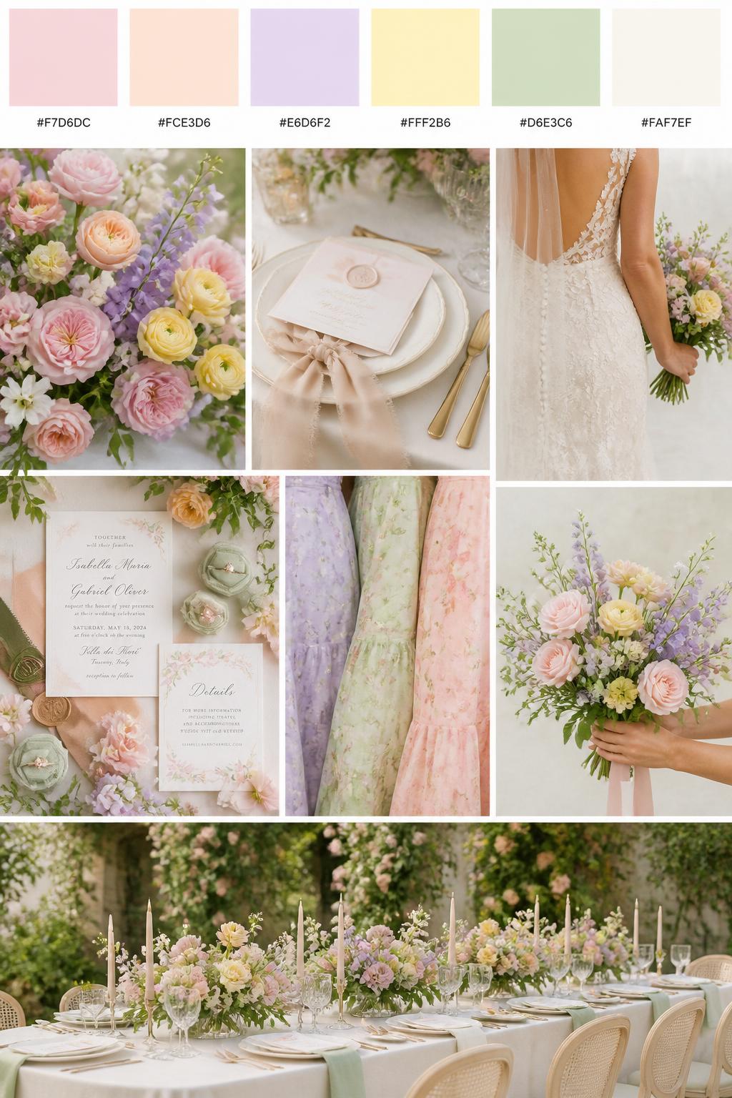 Image Prompt:
A realistic garden wedding color palette mood board with a top strip of swatches and small hex codes in blush pink, pale peach, soft lavender, butter yellow, sage green, and ivory. Below, show a cohesive collage of mixed pastel flowers, ivory table linens, soft ribbon details, elegant stationery, a back-view bridal detail, cropped bridesmaid dress fabric shots, hands-only bouquet styling, and a romantic reception table in a flower-filled garden. Keep faces out of frame using side angles, back views, close-up crops, and no-people scenes. The overall mood should feel soft, colorful, airy, and romantic with realistic DSLR photo quality. 9:16 vertical format. (no watermarks on images)
