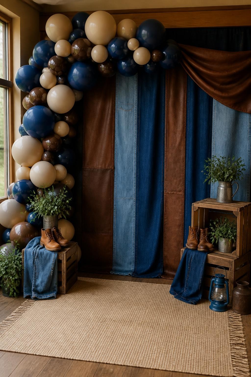 Image Prompt:
A single realistic editorial-style photo of a Father’s Day backdrop with layered denim fabric panels, brown leather accents, tan and navy balloon garland, wooden crates, boots, greenery, warm indoor family party setting, no people, no faces, realistic soft lighting, no text, no watermark.
