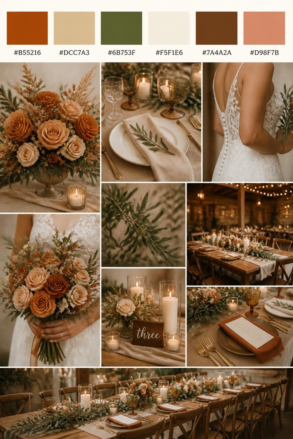 Image Prompt:
A realistic wedding palette board featuring a top row of color swatches and hex codes in burnt orange, beige, olive green, cream, warm brown, and dusty peach. Below, show a warm collage of wedding visuals: burnt orange florals, beige table linens, olive branches, wood reception tables, candlelit centerpieces, cropped dress detail shots, bouquet styling in hands-only composition, and no-people reception tables glowing in warm light. Avoid showing faces by using back angles, side crops, waist-up detail framing, and no-people scenes. The collage should feel warm, earthy, rustic, and romantic with DSLR-quality detail. 9:16 vertical format. (no watermarks on images)