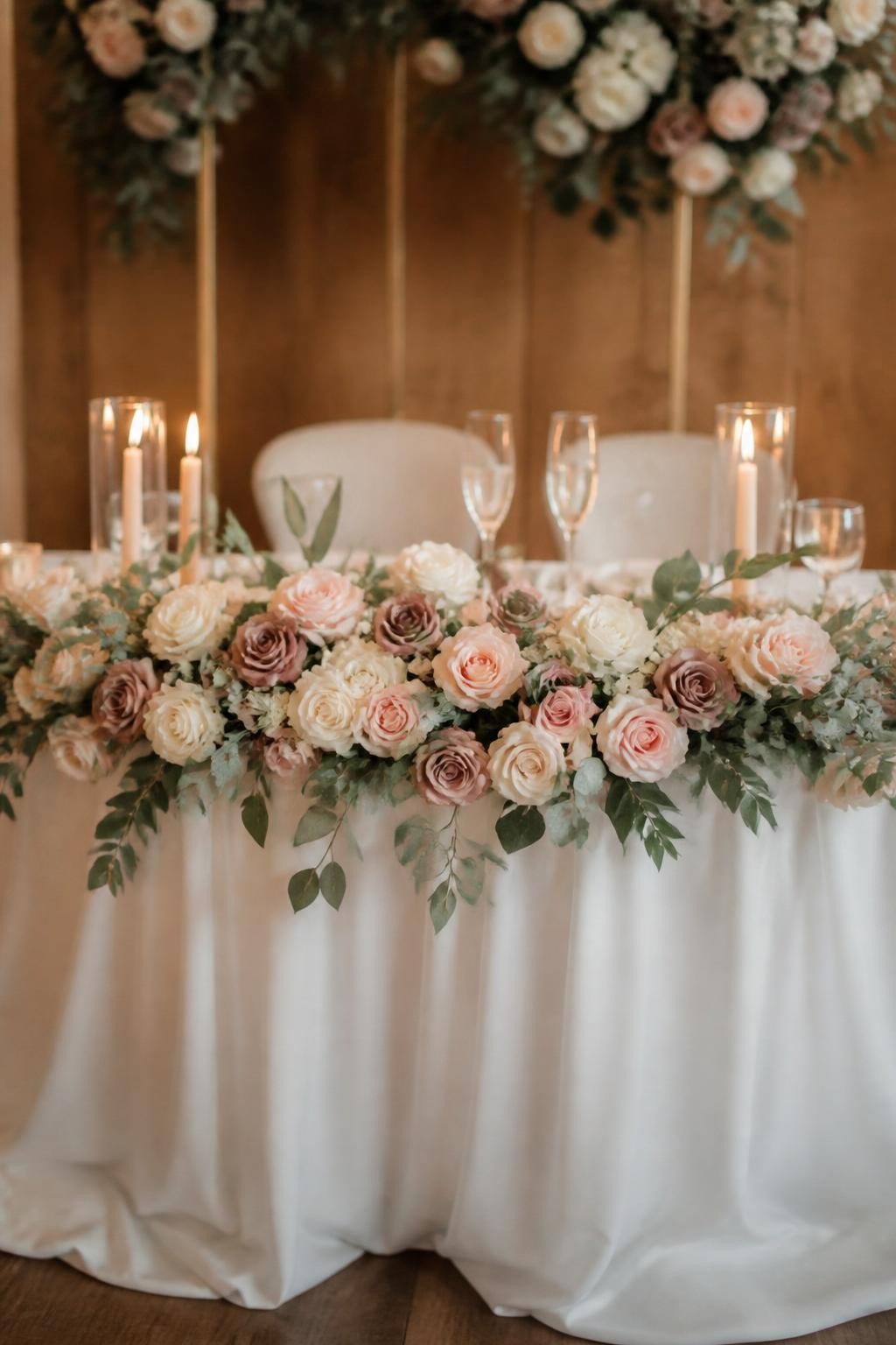 Detailed image prompt: A realistic DSLR-style photo of a wedding sweetheart table with a rose and eucalyptus garland across the front edge, blush roses, ivory roses, dusty pink roses, silver-green eucalyptus leaves, taper candles, champagne glasses, white tablecloth, romantic reception setting, no people, warm indoor light.