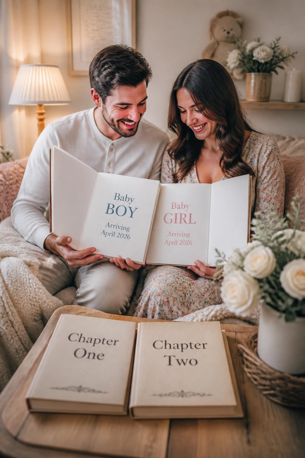 A realistic photo of a cozy twin gender reveal reading nook, two custom storybooks on a wooden table labeled Chapter One and Chapter Two, soft blankets, warm lamp light, neutral flowers, parents opening both books to reveal two baby messages, intimate family setting, DSLR lifestyle photography