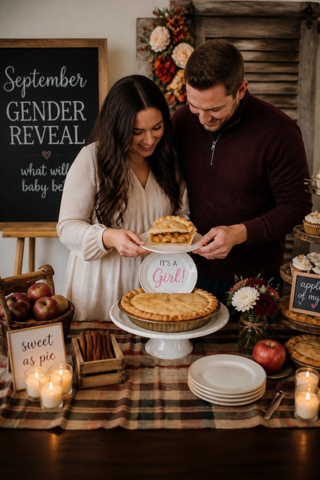 A realistic editorial photo of a September gender reveal dessert table with a warm apple pie, cream plates, cinnamon sticks, apples, candles, parents lifting the first slice to reveal a hidden colored filling layer or message card beneath the plate, cozy fall bakery styling, DSLR food photography