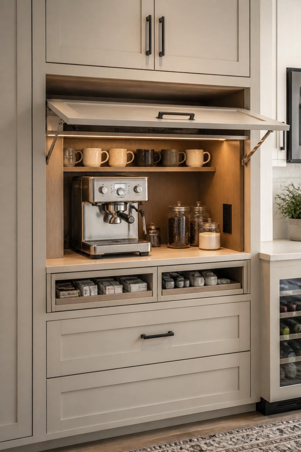 A realistic DSLR photo of a built-in style coffee hutch with a lift-up appliance garage door opened, matte cream cabinet, compact coffee machine hidden inside the middle section, mugs on a small shelf, glass jars of coffee beans and sugar, lower drawers for supplies, warm interior light, clean kitchen background, realistic organized coffee station, no people.