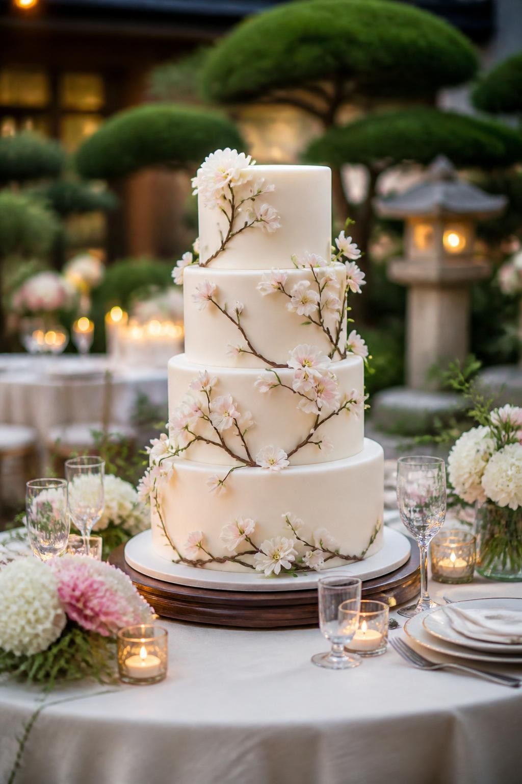 Image Prompt: Ultra-realistic wedding reception image of a Japanese garden-inspired wedding cake with smooth ivory tiers, delicate blossom accents, soft greenery, and subtle garden-style details that feel calm and elegant. Place the cake on a styled wedding cake table with candles, floral centerpieces, fine linens, glassware, and a softly blurred garden or elegant reception scene. Keep the cake as the main subject. No visible faces. If people appear, show only cropped hands, side views, back views, or figures from the neck down. Realistic greenery texture, blossom details, soft natural DSLR wedding photography. (no watermarks on images)