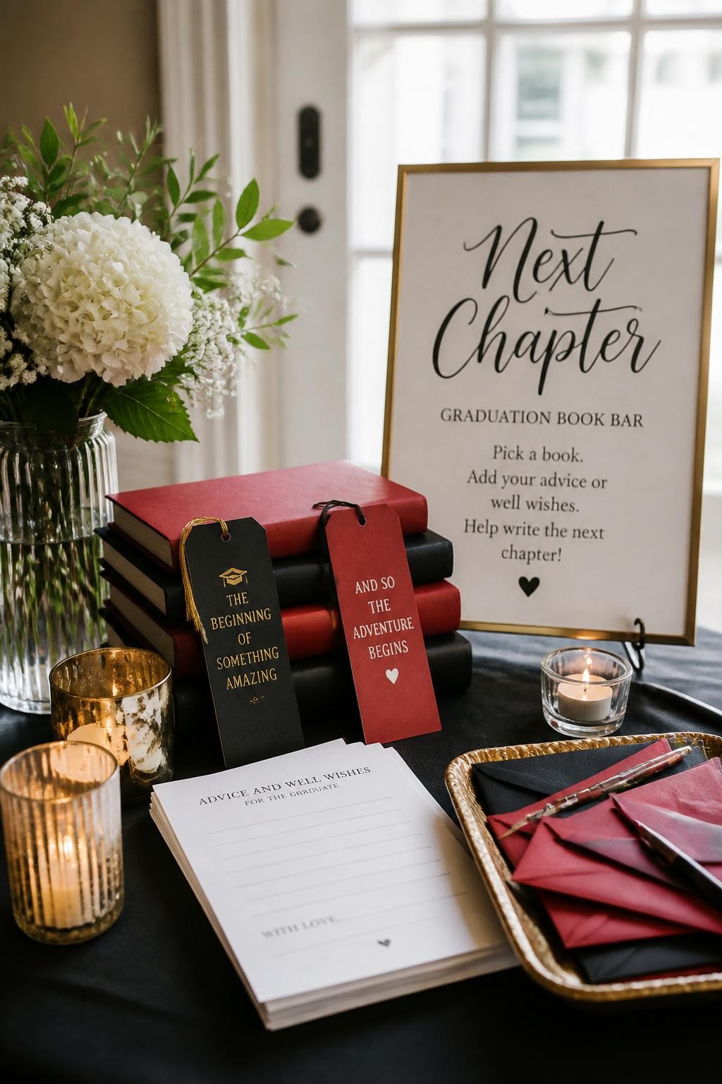 Image prompt: A realistic DSLR photo of a graduation book bar with books wrapped in red and black paper, custom bookmarks, candles, flowers, advice cards, envelopes, and a sign that says “Next Chapter,” cozy indoor natural light, no people, polished editorial party setup.