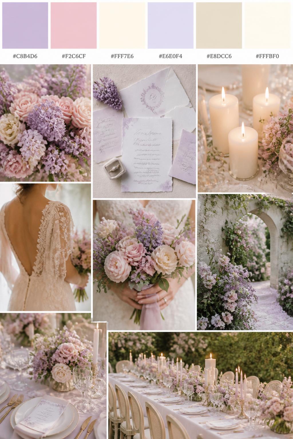 Image Prompt:
A realistic wedding color scheme mood board with a top swatch strip and small hex codes in lilac, blush pink, cream, pale lavender, soft beige, and warm ivory. Below, create a soft romantic collage of lilac flowers, blush blooms, cream candles, airy invitations, hands holding a bouquet, a back-view bridal detail, and a no-people reception table with floral garden styling. Use no clear faces and mix detail shots with no-people decor images for variety. The mood should feel dreamy, soft, and romantic with soft natural light and DSLR-style realism. 9:16 vertical format. (no watermarks on images)