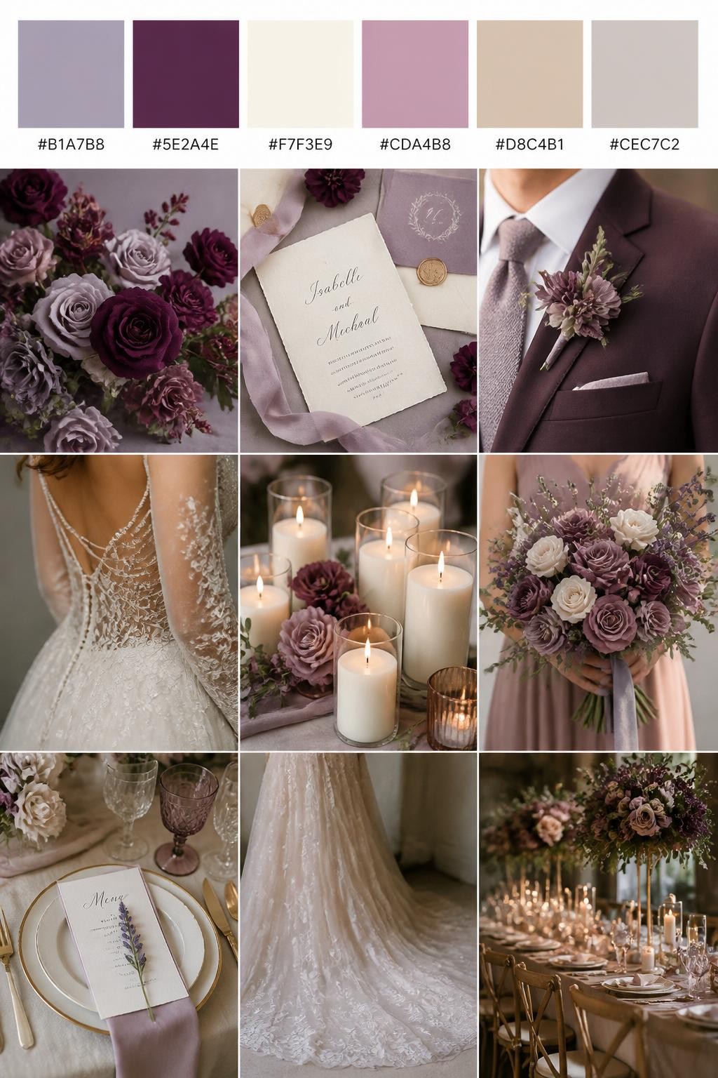Image Prompt:
A realistic wedding palette board with a top row of color swatches and hex codes in lavender gray, plum, ivory, soft mauve, warm beige, and pale taupe. Below, show a polished collage of plum flowers, lavender-gray ribbon, ivory candles, elegant paper goods, a groom suit detail with boutonniere and no visible face, cropped dress shots, bouquet styling in hands-only composition, and a romantic reception table. Use no full faces, with side crops, back views, and no-people decor shots for variety. The mood should feel rich, soft, romantic, and polished with true-to-life DSLR quality. 9:16 vertical format. (no watermarks on images)
