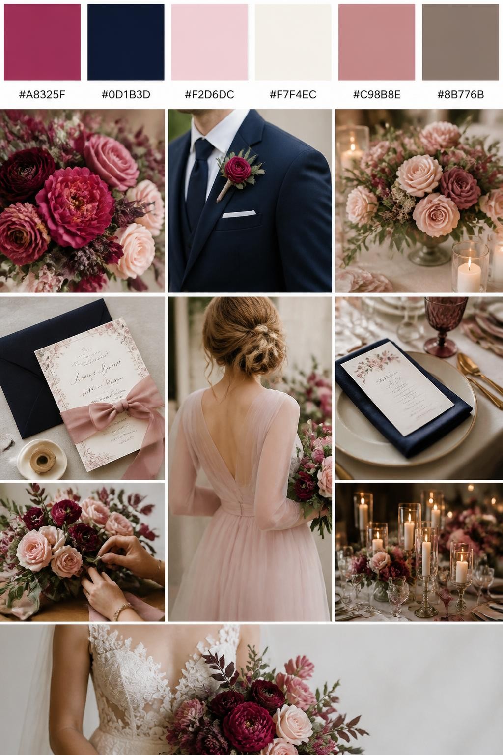 Image Prompt:
A realistic wedding inspiration mood board with a top strip of swatches and hex codes in raspberry pink, navy blue, blush pink, ivory, dusty rose, and warm taupe. Below, create a polished collage with raspberry flowers, navy suit details, blush blooms, elegant table settings, silk ribbon stationery, a cropped dress shot from below the chin, hands arranging flowers, and candlelit reception decor. Use a mix of no-people flat lays, bouquet close-ups, back-view styling, and side-angle detail photos with no visible full faces. The mood should feel rich, romantic, classic, and wedding-ready with realistic DSLR photo quality. 9:16 vertical format. (no watermarks on images)