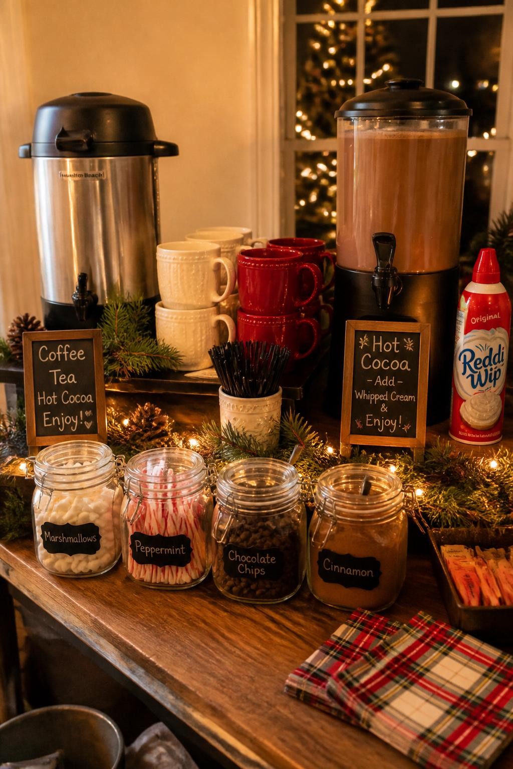 A realistic DSLR photo of a festive holiday party coffee bar, wooden table with coffee urn, hot cocoa dispenser, red and cream mugs, glass jars of marshmallows, peppermint sticks, chocolate chips, cinnamon, and whipped cream canister, small pine garland, twinkle lights, plaid napkins, warm cozy evening lighting, realistic party styling, no people.