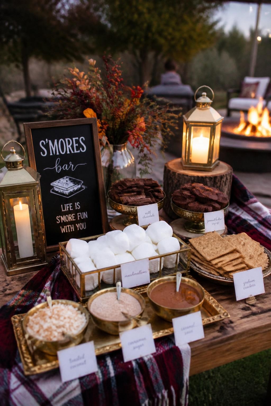 Realistic DSLR photo of an elegant fall wedding s’mores dessert table with gourmet marshmallows, chocolate squares, graham crackers, caramel sauce, peanut butter cups, toasted coconut, cinnamon sugar, and gold serving trays, styled with lanterns, plaid blankets, wood slices, and a soft outdoor evening glow near a fire pit.