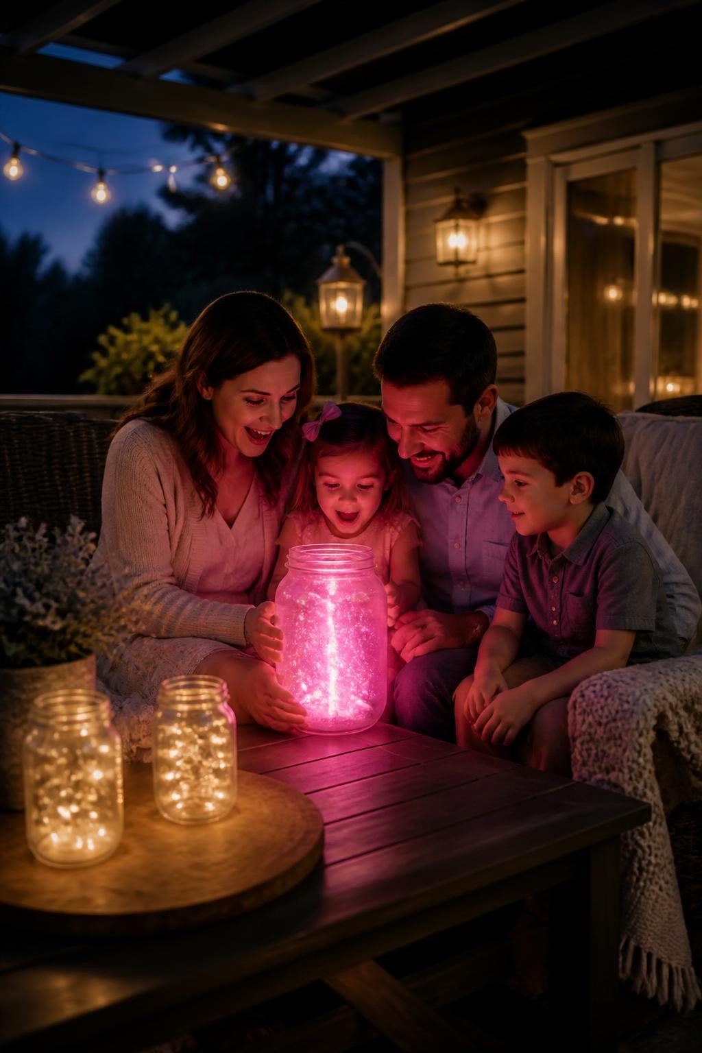 A realistic editorial photo of an August gender reveal on a back porch at dusk, jars of warm fairy lights, rocking chairs, soft blankets, wooden table, parents opening one special jar that glows in a reveal color, small family gathered close, cozy late-summer night atmosphere, DSLR lifestyle photography