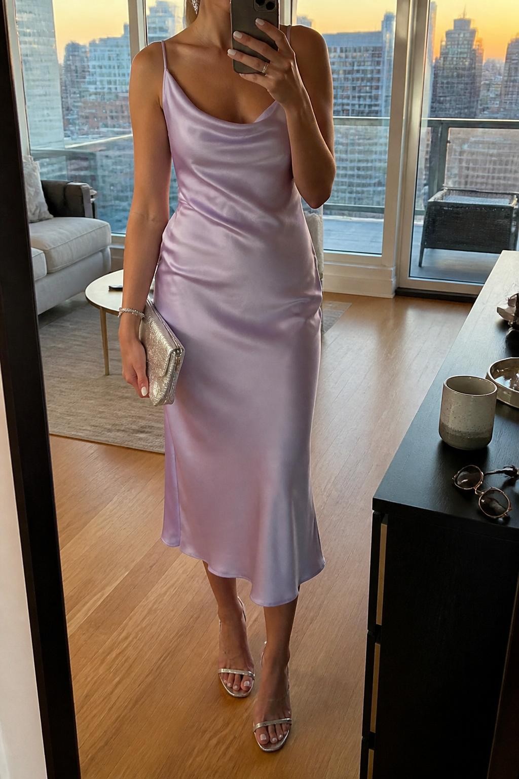 mirror selfie of a woman wearing a lilac satin midi dress with silver slingback heels, a silver clutch, and crystal stud earrings, holding a phone in front of a mirror, cropped at NECK so face doesn't show, with a natural casual selfie pose, in a city apartment, evening golden hour, including small lived-in details like a coffee mug nearby and sunglasses on a dresser, latest iPhone photo quality.