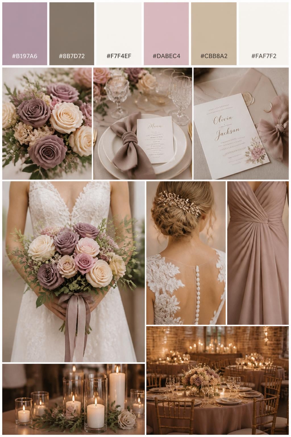 Image Prompt:
A realistic wedding color mood board in a vertical collage style. Add a top strip of palette swatches with hex codes in mauve pink, taupe, ivory, dusty blush, warm beige, and soft cream. Below, show realistic wedding details like mauve flowers, taupe linens, ivory candles, romantic table settings, elegant invitations, a bouquet held in front of the body with no face shown, back-view bridal detail shots, and a warm no-people reception scene. Use no clear faces, with a mix of cropped body details, hands-only shots, and no-people styling scenes. The look should feel soft, elegant, romantic, and polished with DSLR realism. 9:16 vertical format. (no watermarks on images)