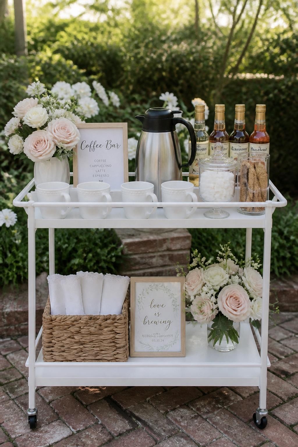 A realistic DSLR photo of an outdoor garden bridal shower coffee cart, white rolling cart with two tiers, coffee carafe on top, white mugs, glass jars of sugar cubes and biscotti, small syrup bottles, blush and white flowers, greenery in the background, woven basket with napkins, soft afternoon garden light, realistic outdoor party styling, no people.