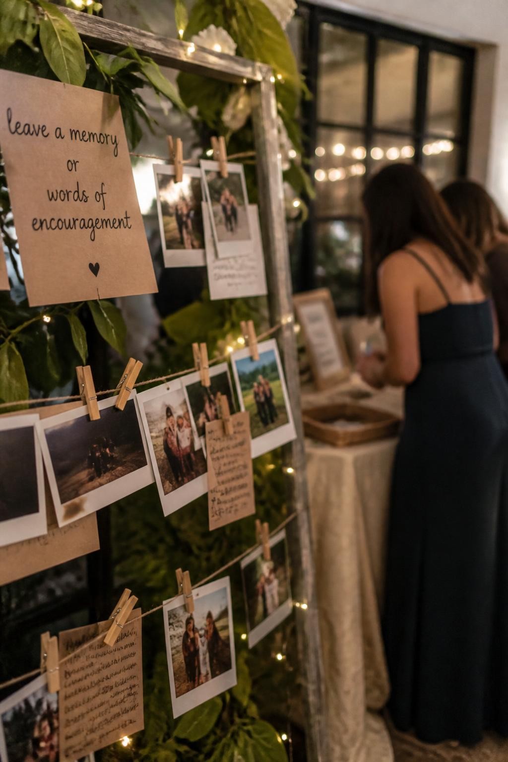 A realistic DSLR photo of a rustic graduation Polaroid clothesline with instant photos, mini wooden clothespins, twine, kraft note cards, greenery, fairy lights, and two guests blurred in the background writing messages with faces not visible, soft indoor evening lighting, realistic memory station setup.