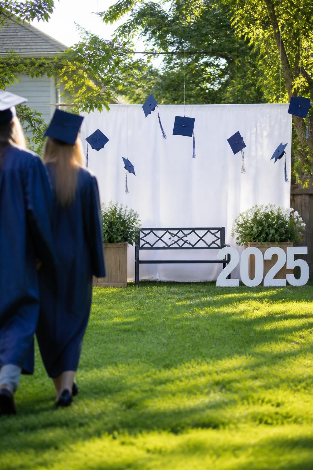 A realistic DSLR photo of a backyard graduation photo lawn with a clean fabric backdrop, floating cap decorations, oversized year numbers, flower planters, a small bench, and two graduates walking away from the camera slightly blurred, bright natural light, cheerful realistic outdoor photography setup.
