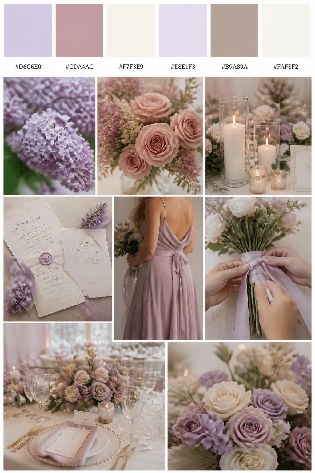Image Prompt:
A realistic wedding inspiration mood board with a top row of swatches and small hex codes in soft lilac, dusty rose, cream, pale lavender, warm taupe, and ivory. Under the palette strip, show a polished collage of lilac flowers, dusty rose blooms, cream table details, soft candles, elegant paper goods, a cropped bridesmaid dress image from the neck down, hands tying ribbon around a bouquet, and a romantic reception table with pastel floral accents. Use only back views, side views, detail crops, and no-people decor scenes to avoid face issues. DSLR-style realism, 9:16 vertical format. (no watermarks on images)