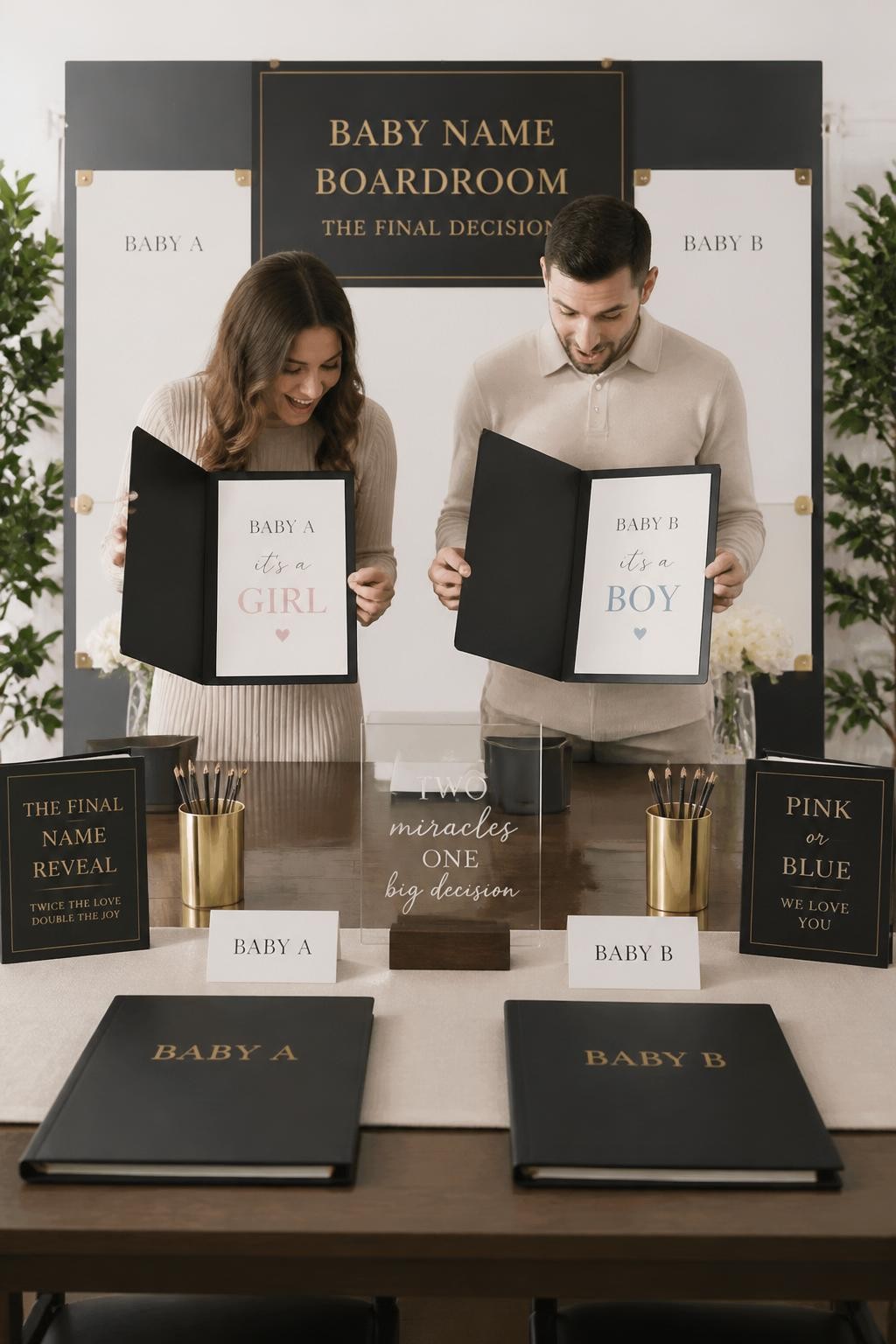 A realistic editorial photo of a playful twin gender reveal setup styled like a baby name boardroom, long table with two folders labeled Baby A and Baby B, name cards, pencils, acrylic sign, parents opening the final folders to reveal two baby messages, chic modern stationery decor, bright indoor lighting