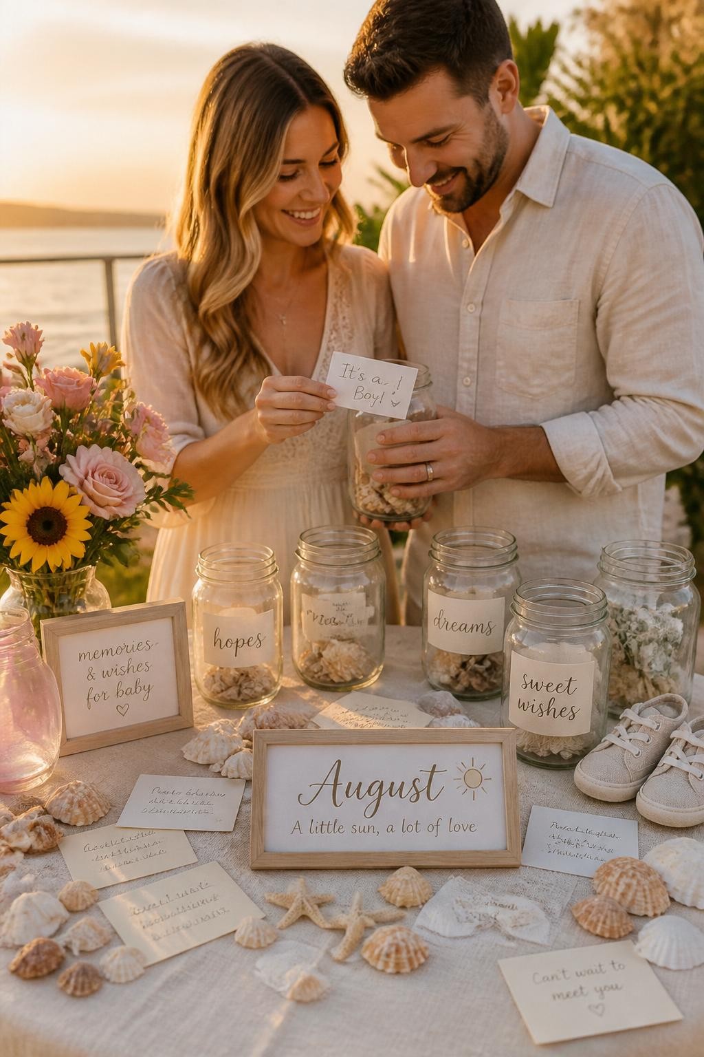 A realistic editorial photo of a sentimental August gender reveal table, clear glass memory jars, handwritten notes, late-summer flowers, seashells, small baby shoes, parents opening the final jar with a reveal message inside, warm sunset lighting, cozy intimate party styling