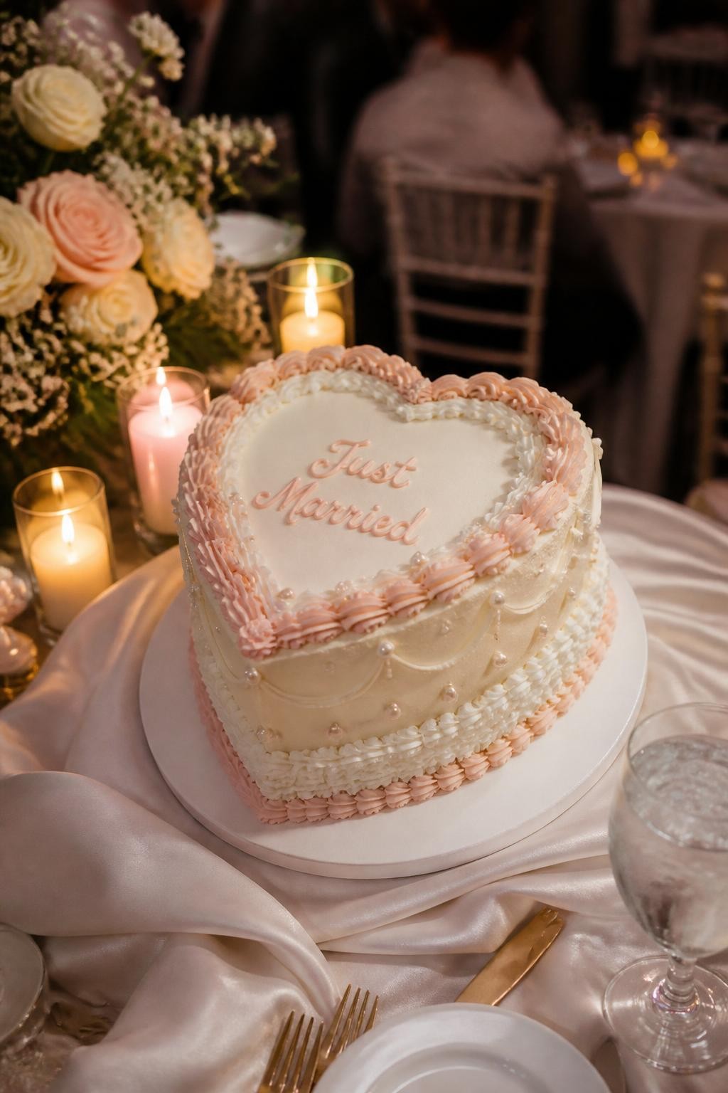 Image Prompt: Ultra-realistic wedding party photo of a heart-shaped retro wedding cake with soft ivory or blush frosting, delicate piped borders, pearl details, and a romantic vintage-inspired finish. Place the cake on a beautiful cake table at a real wedding reception with candles, floral arrangements, fine linens, and a softly blurred reception background. Keep the cake as the main focus. No visible faces. If people appear, show only cropped hands, back views, side angles in blur, or neck-down figures. Realistic buttercream texture, soft bridal color palette, warm romantic DSLR photography. (no watermarks on images)