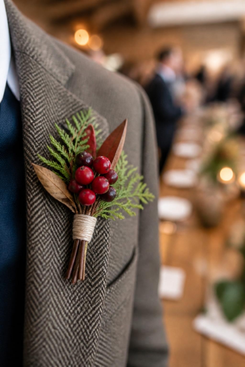 Realistic DSLR close-up of a cranberry berry boutonniere with tiny red berries, green fern, dried brown leaves, and cream twine pinned to a tweed jacket lapel, cozy fall wedding setting, blurred guests and wooden reception tables in the background, warm natural light.