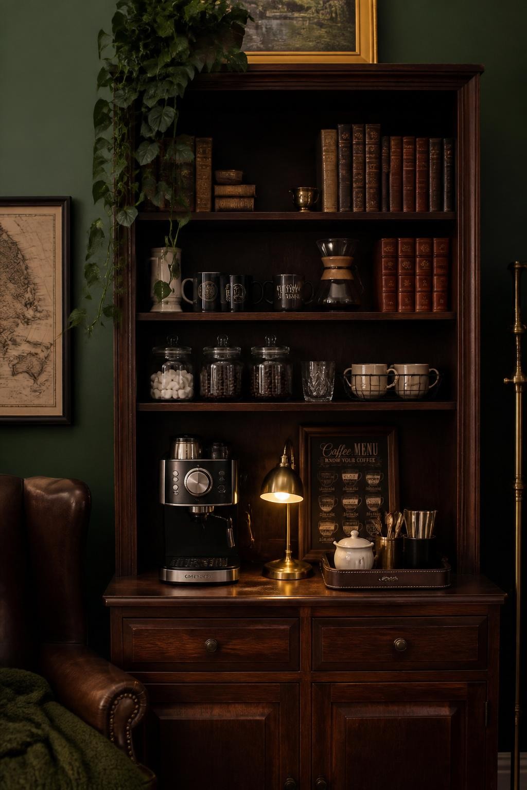A realistic DSLR photo of a moody library-inspired coffee bar hutch, tall dark walnut hutch with shelves styled with coffee mugs, old books, glass jars, and a compact espresso machine, small brass lamp on the counter shelf, deep green wall behind it, leather tray with spoons and sugar bowl, warm evening light, cozy study corner atmosphere, no people.
