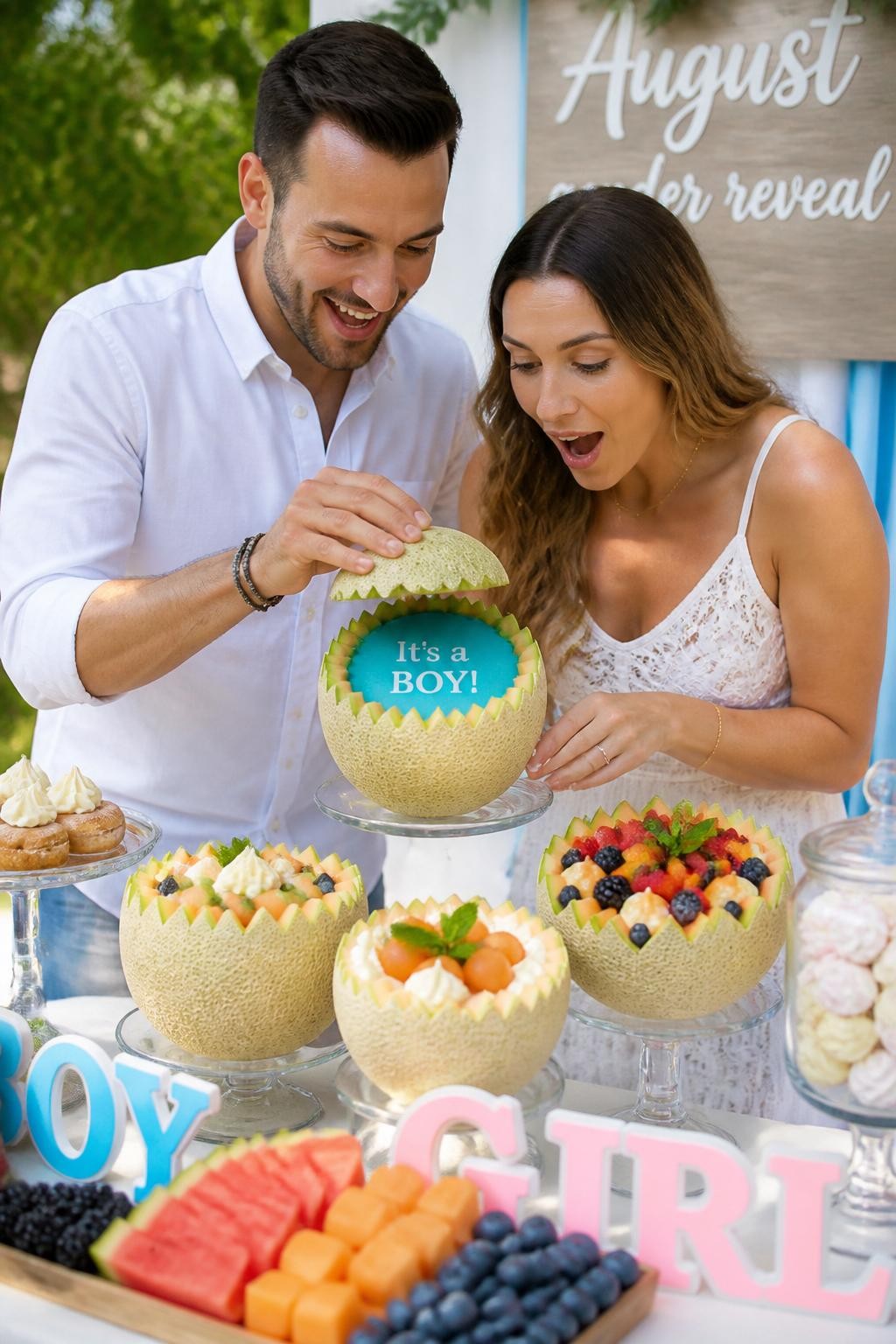 A realistic editorial photo of an August gender reveal dessert table with carved melon bowls, fresh fruit, cream, mint, glass dishes, parents lifting a small melon lid to reveal a hidden colored dessert filling or message card, bright summer party styling, DSLR food photography