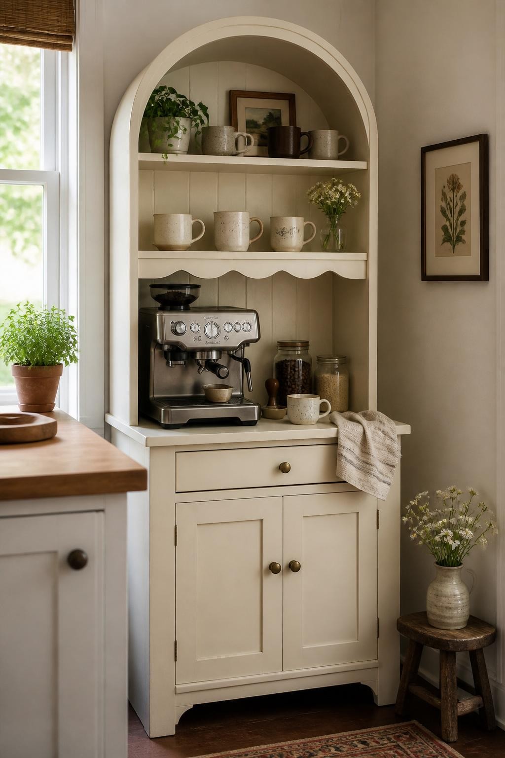 A realistic DSLR photo of a charming arched cottage coffee hutch in a cozy kitchen corner, painted warm cream with an arched top and open shelves, compact espresso machine in the lower counter section, handmade ceramic mugs displayed on the shelves, glass jars of coffee beans and sugar, small scalloped wood trim, linen towel, tiny vase of wildflowers, soft morning light, realistic cottage home styling, no people.