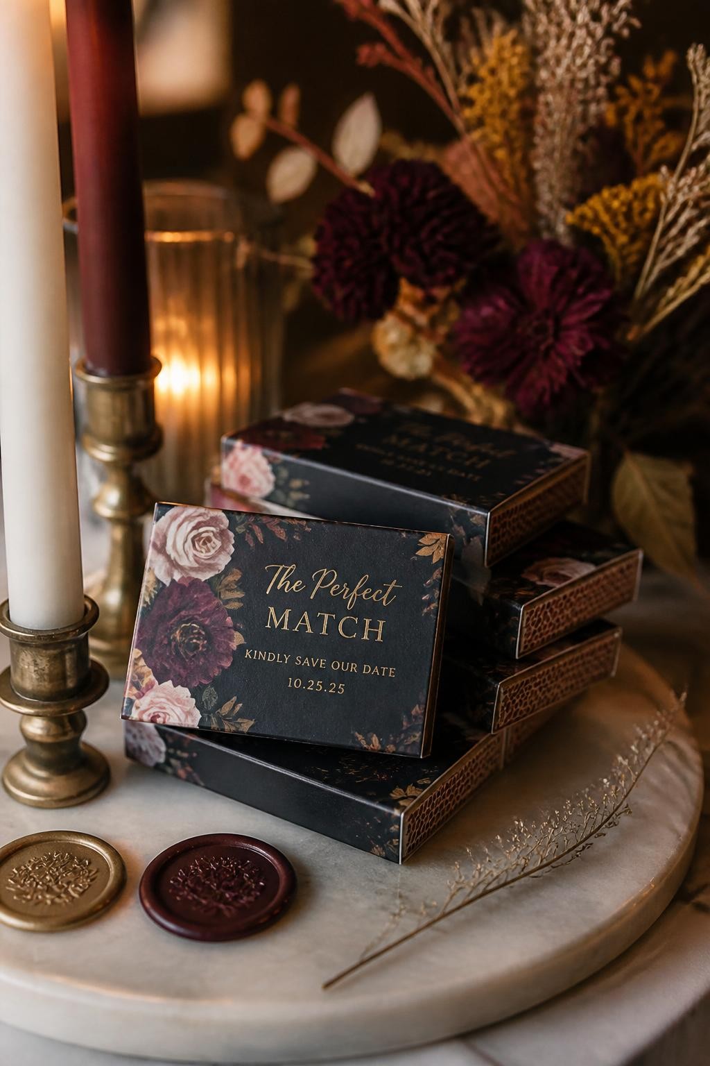 Realistic DSLR close-up of custom wedding matchboxes stacked neatly beside taper candles, each matchbox printed with moody fall floral artwork in burgundy, ochre, dusty rose, and deep green, gold lettering on the front, displayed on a marble tray with wax seals and dried flowers, cinematic candlelit reception mood.