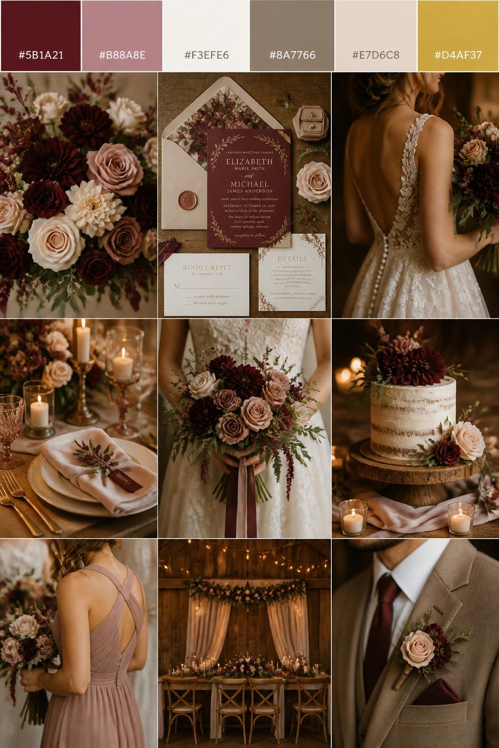 Image Prompt:
A realistic wedding inspiration collage with a top color strip showing hex-coded swatches in burgundy, dusty rose, ivory, warm taupe, blush beige, and soft gold. Below the palette strip, create a realistic wedding mood board with burgundy flowers, dusty rose blooms, ivory linens, invitation flat lays, cropped dress detail shots, hands holding a bouquet, and no-people decor scenes in warm rustic light with barn wood textures. Use back views, side views, shoulder-down crops, and detail-only shots so no full faces are visible. The mood should feel rich, rustic, romantic, and polished with DSLR-style realism. 9:16 vertical format. (no watermarks on images)