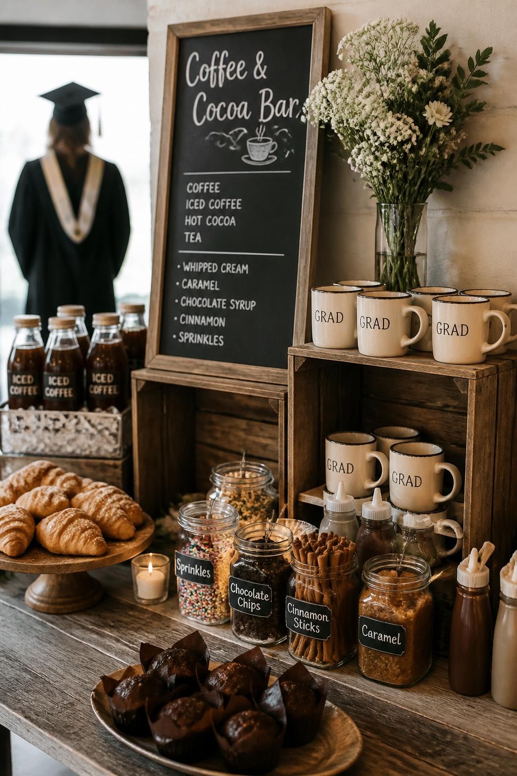 A realistic DSLR photo of a rustic graduation coffee and cocoa bar with wooden crates, ceramic mugs, glass jars of toppings, cinnamon sticks, pastries, iced coffee bottles, a chalkboard menu, and a graduate standing in the far background turned away and softly blurred, cozy morning light, realistic rustic food station photography.