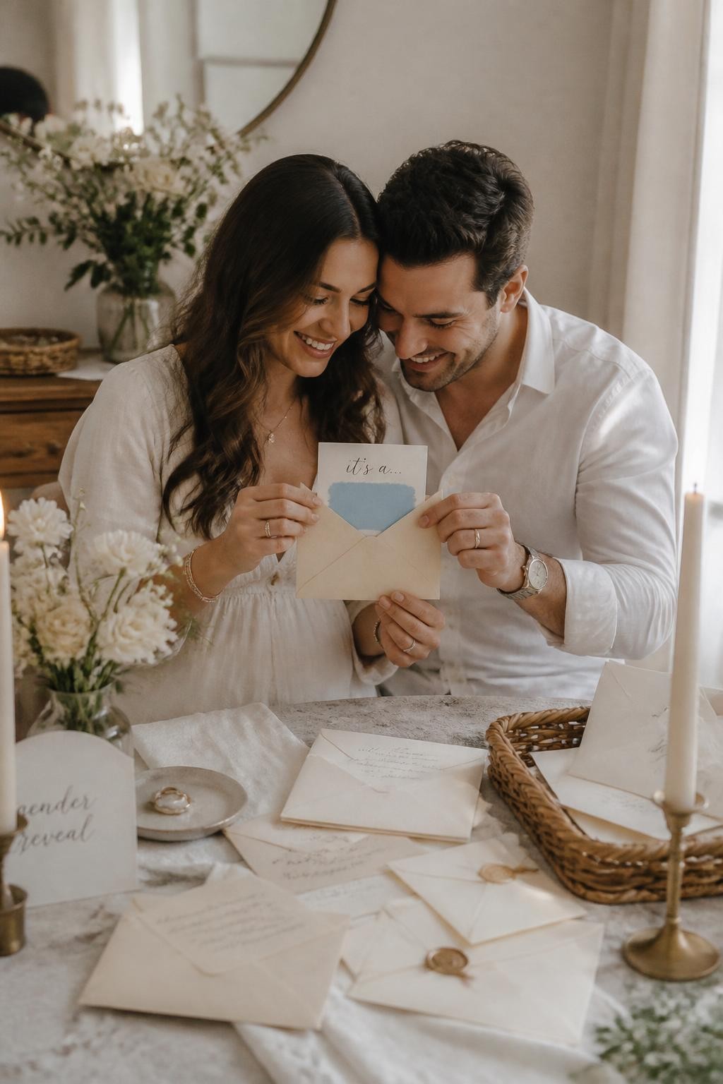 A realistic editorial photo of an intimate gender reveal table styled with handwritten letters, wax seals, cream envelopes, soft florals, candles, linen fabric, parents opening one special letter with a hidden reveal color card inside, romantic cozy home atmosphere, vertical DSLR photography