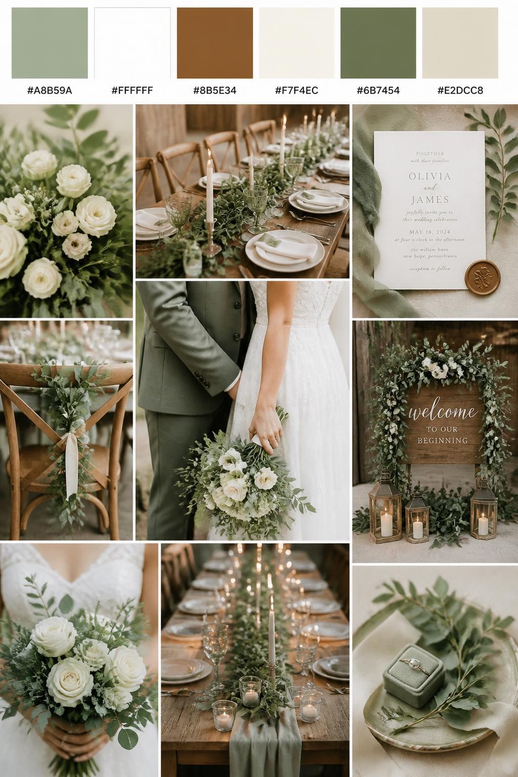 Image Prompt:
A realistic wedding palette mood board in a polished Pinterest collage layout. Include a top strip of color swatches with hex codes in sage green, white, warm wood brown, ivory, muted olive, and pale beige. Below, show a soft collage with sage greenery, white flowers, wooden farmhouse tables, simple candles, invitation flat lays, a side-view cropped couple shot with no faces visible, bouquet close-ups, and softly lit rustic decor scenes. Keep variety in the compositions with no full faces, using back views, hands-only images, and no-people styling scenes. The mood should feel fresh, natural, rustic, and romantic with real DSLR photo quality. 9:16 vertical format. (no watermarks on images)