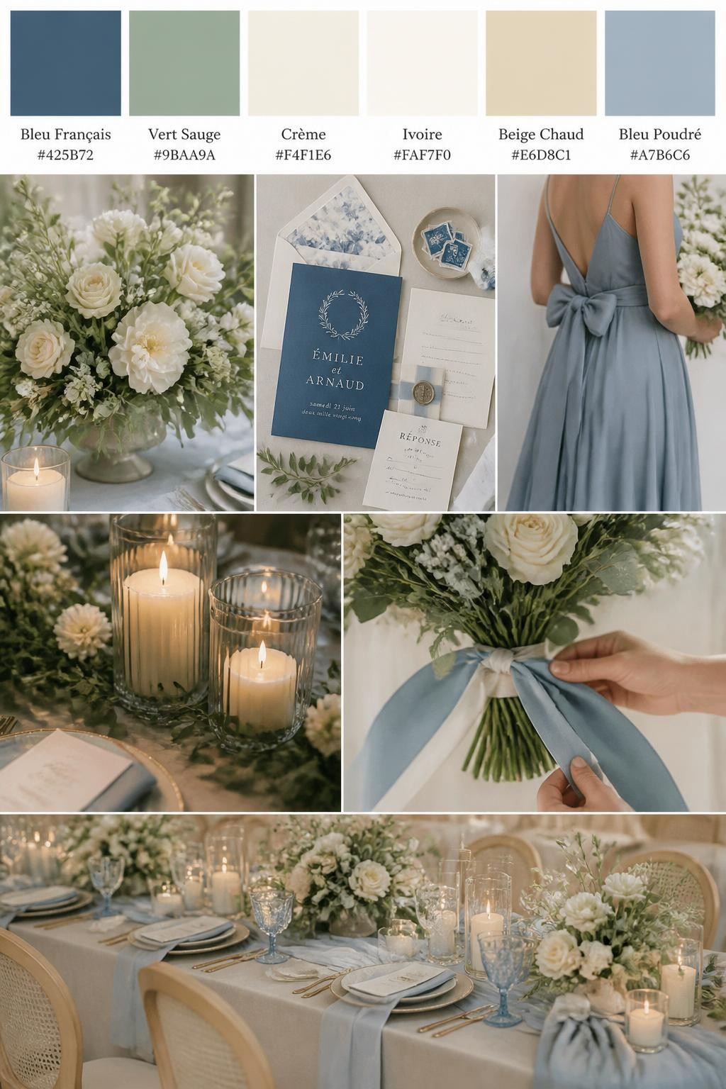 Image Prompt:
A realistic wedding inspiration mood board with a top row of swatches and small hex codes in French blue, sage green, cream, ivory, warm beige, and dusty blue. Under the palette strip, show a polished collage of sage greenery, cream flowers, French blue stationery, soft candles, elegant paper goods, a cropped bridesmaid dress image from the neck down, hands tying ribbon around a bouquet, and a romantic no-people reception table with fresh floral accents. Use only back views, side views, detail crops, and no-people decor scenes to avoid face issues. DSLR-style realism, 9:16 vertical format. (no watermarks on images)