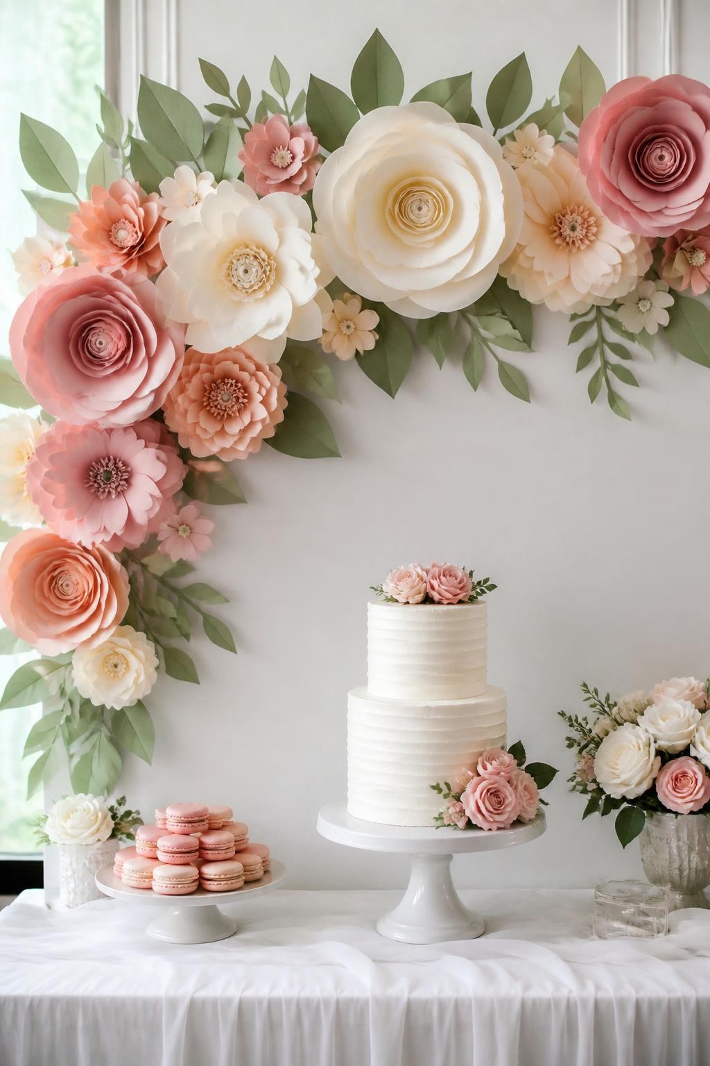 Detailed image prompt: A realistic photo of a handmade paper flower garland hanging around a wedding dessert table backdrop, large and small paper flowers in ivory, blush, peach, and soft rose, paper leaves in sage green, white cake and macarons below, elegant DIY wedding decor, no people, bright natural light.