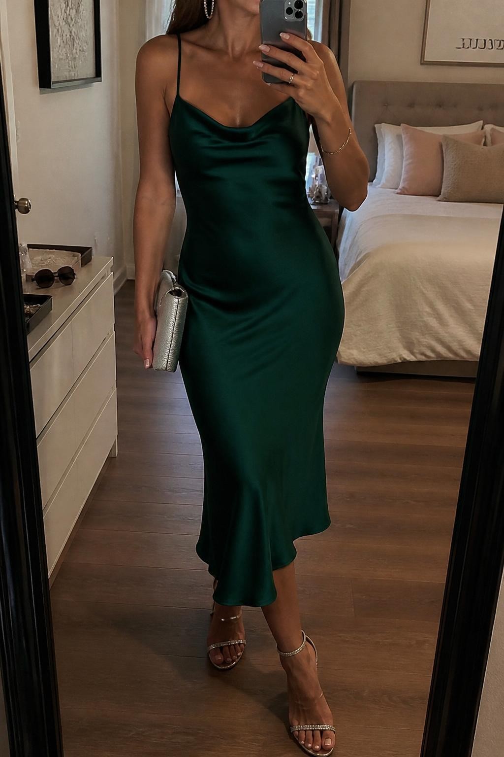 mirror selfie of a woman wearing an emerald satin midi slip dress with silver heeled sandals, crystal hoop earrings, and a silver clutch, holding a phone in front of a mirror, cropped at NECK so face doesn't show, with a natural casual selfie pose, in a feminine-themed bedroom, warm moody lighting, including small lived-in details like soft bedding in the background and sunglasses on a dresser, latest iPhone photo quality.