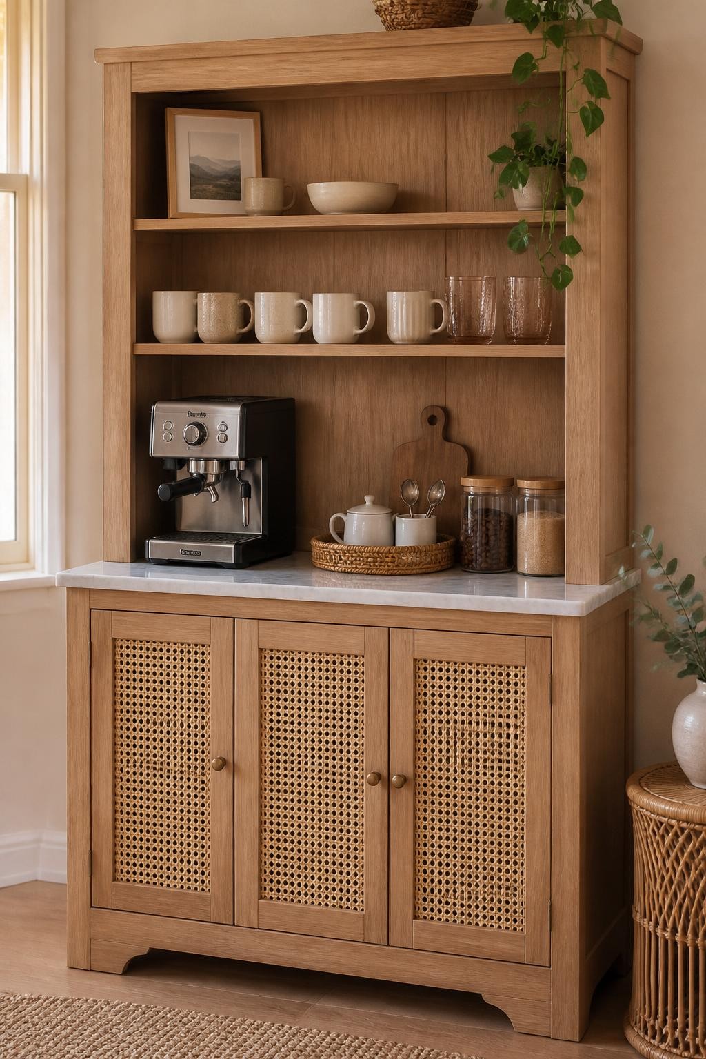 A realistic DSLR photo of a warm cane-panel coffee bar hutch, natural oak hutch with woven cane cabinet doors on the lower section, open shelves with cream mugs and glass jars, compact espresso machine on a stone-look counter shelf, small rattan tray with sugar bowl and spoons, soft beige wall, natural daylight, calm boho home styling, no people.